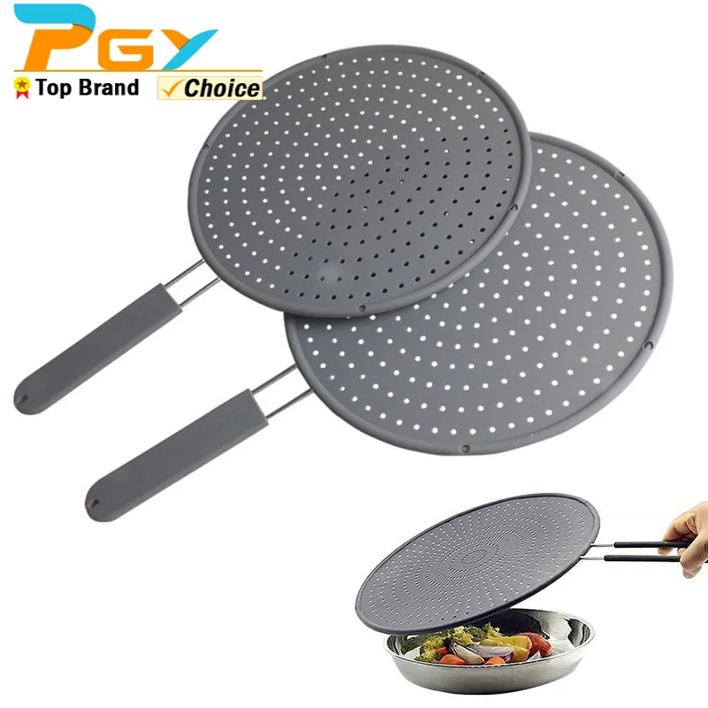 Kitchen Splatter Screen Silicone Kitchen Splatter Screen with Handle Heat-resisting Oil Splash Guard Drain Board Cover Kitchen Frying Pan Lid