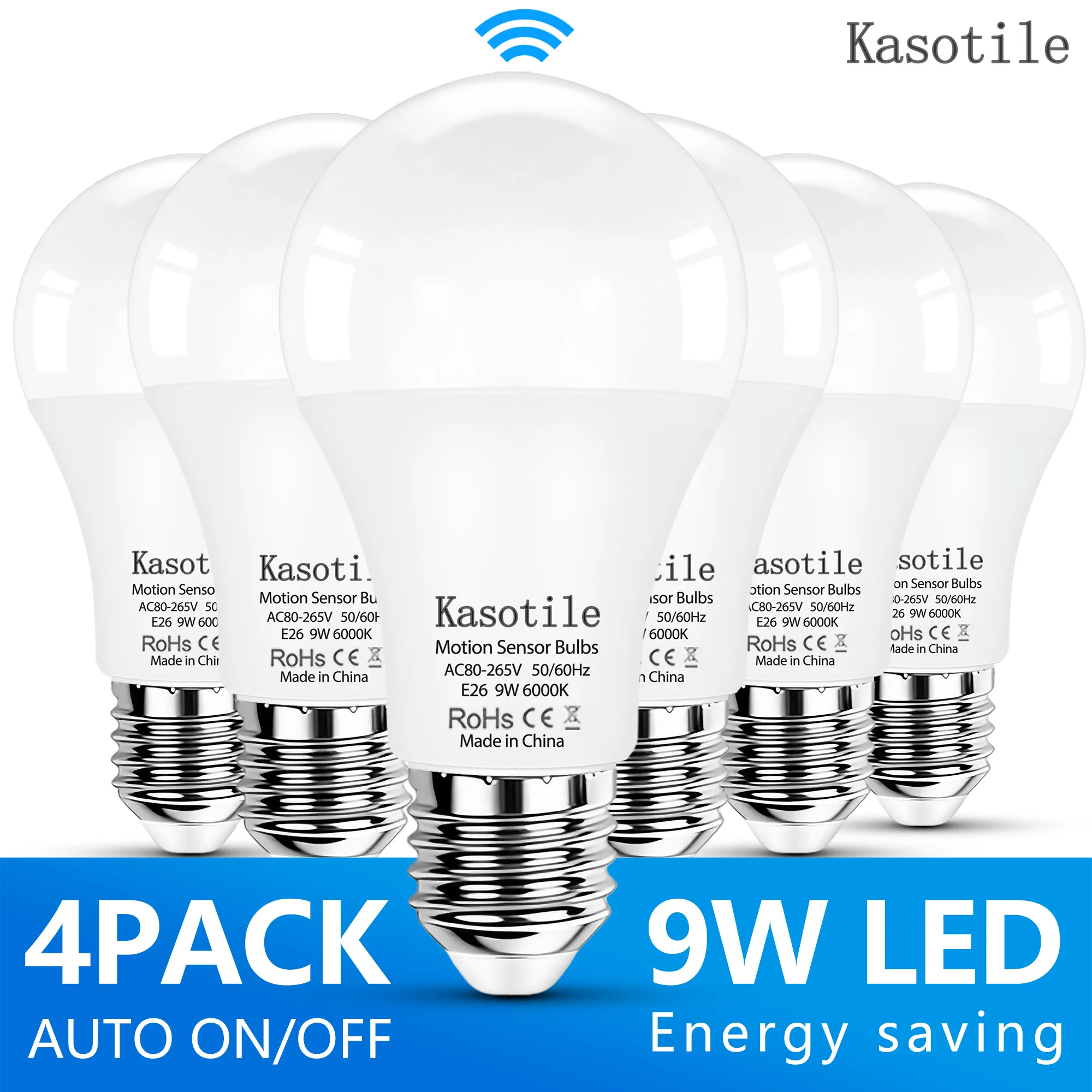 Kasotile 4PCS Led Bulb Motion Sensor A19 80-265V 9W Light Bulb Auto On Off Sensor Infrared Motion Detect Night Lamp