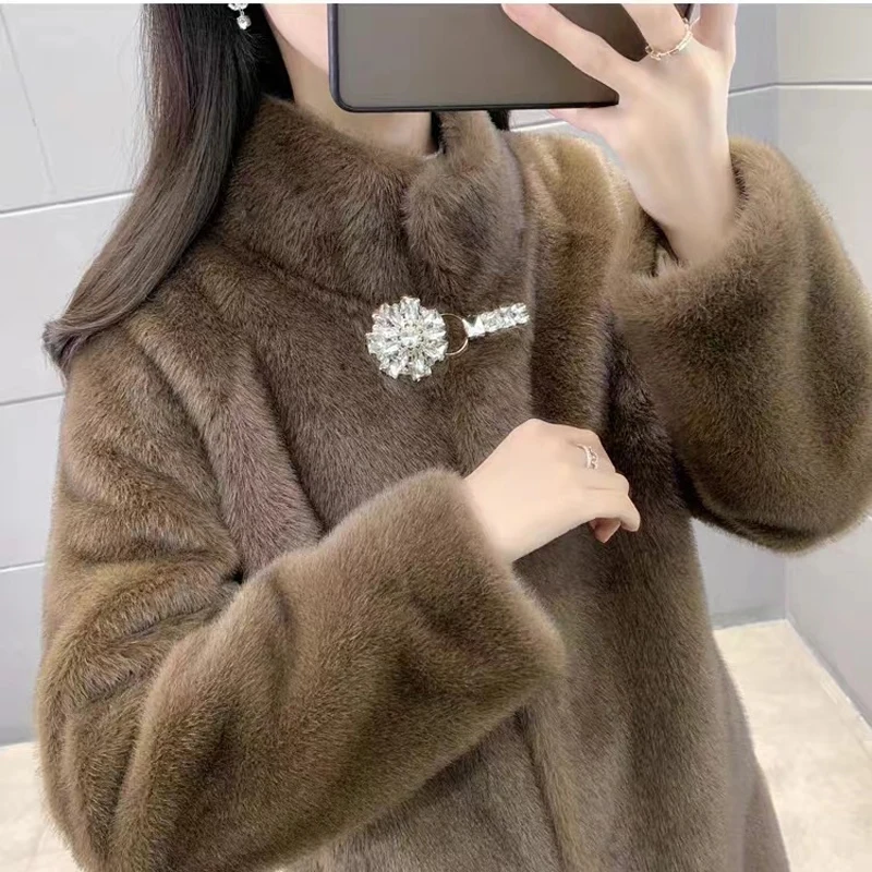 Winter Clothes Women Intensification Artificial Fur Coat for Women Golden Sable Velvet Fur Neck Warmer to a Coat Medium-length