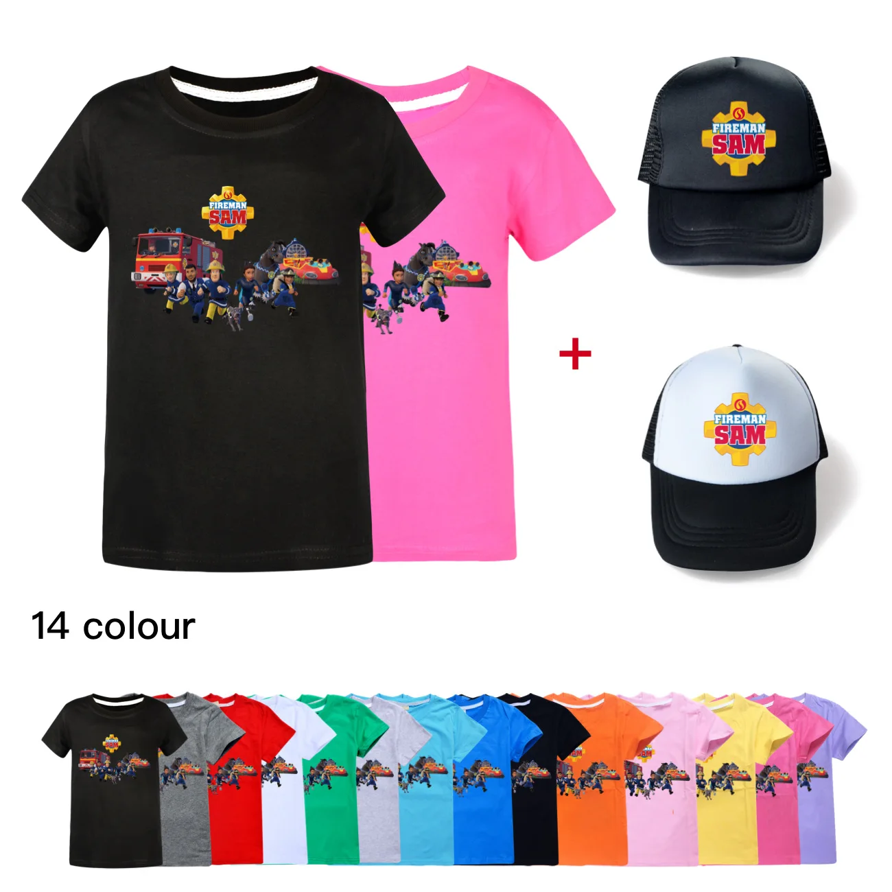 

FIREMAN SAM T Shirt Kids 2024 Summer Clothes Boys Cartoon Fire Fighter T-shirt & Sunhat 2pcs Suit Toddler Girls Short Sleeve Top