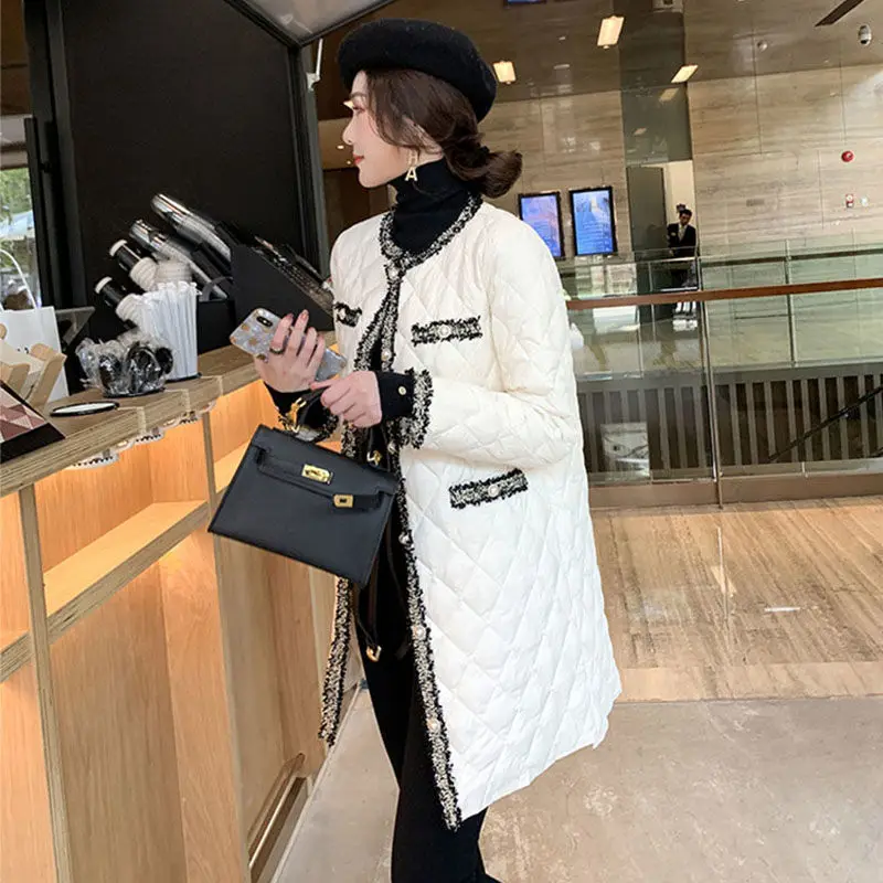 Elegant O Neck Button Lightweight Women Long Warm Outerwear Tassels Patchwork Female Black Padded Jacket 2023 Winter Wadded Coat