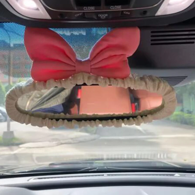 Universal Stretch Velvet Red Bow Car Mirror Cover Dashboard Screen Protector Soft Plush Auto Interior Rearview Mirror Case Decor