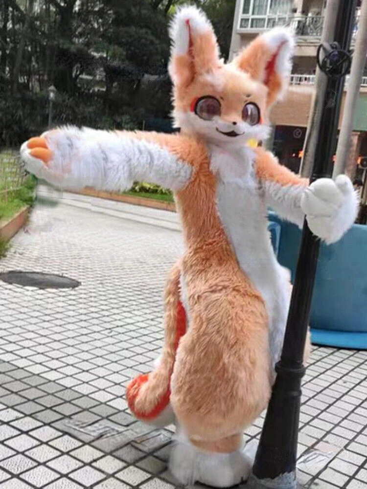 

Cute Fursuit Light Orange Furry Outfit Halloween Cosplay Suit Long Fur Husky Dog Fox Mascot Costume