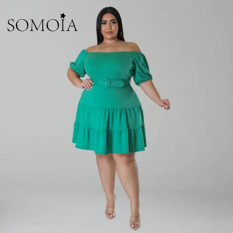 SOMOIA Plus Size Women Dress Short Sleeve Mini Bodycon Off Shoudler Clothes  With Belt Dresses for Women Wholesale 2023 Summer