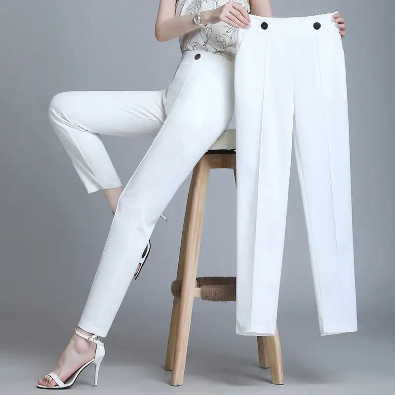 Office Lady Fashion Solid All-match Pencil Pants Spring Autumn Elastic Band High Waist Slim Women Casual Long Straight Trousers