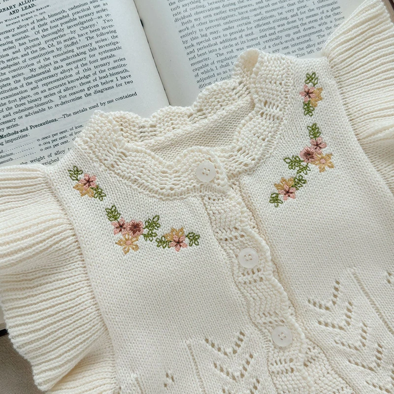 2025년 신상 가을 0-3세  여아 민소매 꽃 자수 니트 가디건 코트  여아 니트 조끼