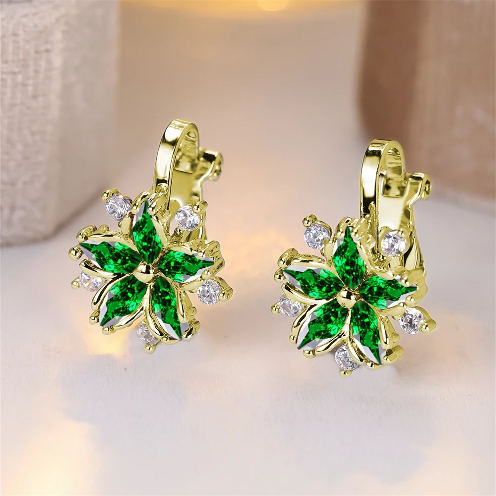 Rainbow Crystal Sakura Clip Earring Multicolor Zircon Star Flower Earrings For Women Vintage Gold Silver Color Wedding Jewelry