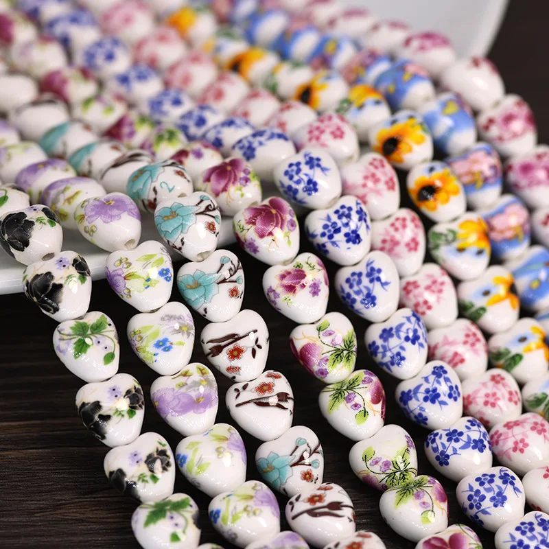 10pcs Heart Shape 12mm Flower Patterns Ceramic Porcelain Loose Beads For Jewelry Making DIY Bracelet Findings onion shape ceramic storage box cosmetic jars dressing table jewelry boxes storage jar and lid creative porcelain candy pots