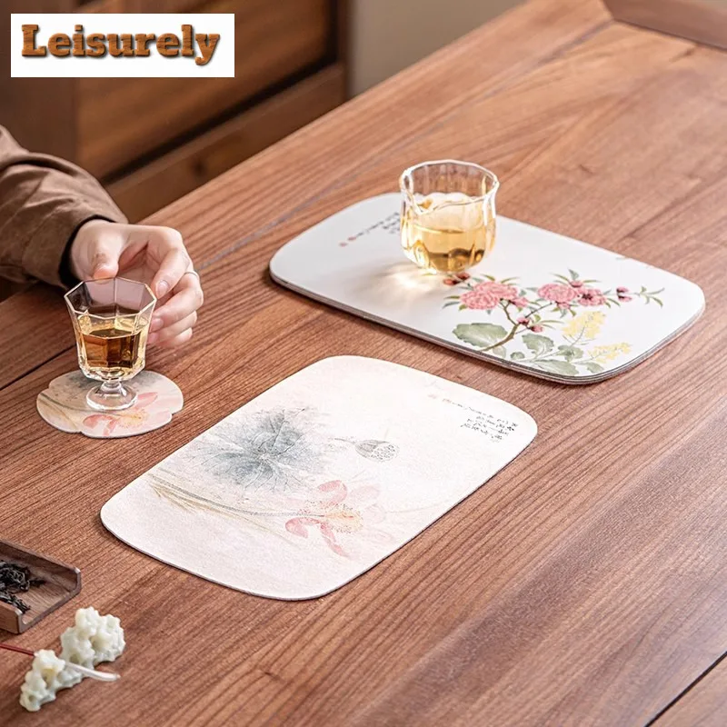 Chinese Floral Waterproof Rectangular Tea Table Mats Vintage Drink Coaster Dinner Table Cloth Mat Tea Ceremony Supplies Craft