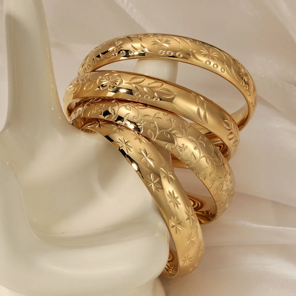 Retro Rock Printing 18K Gold Plated Bangle for Women Girls Waterproof Quality Stainless Steel Flower Bracelet Party Gift Jewelry