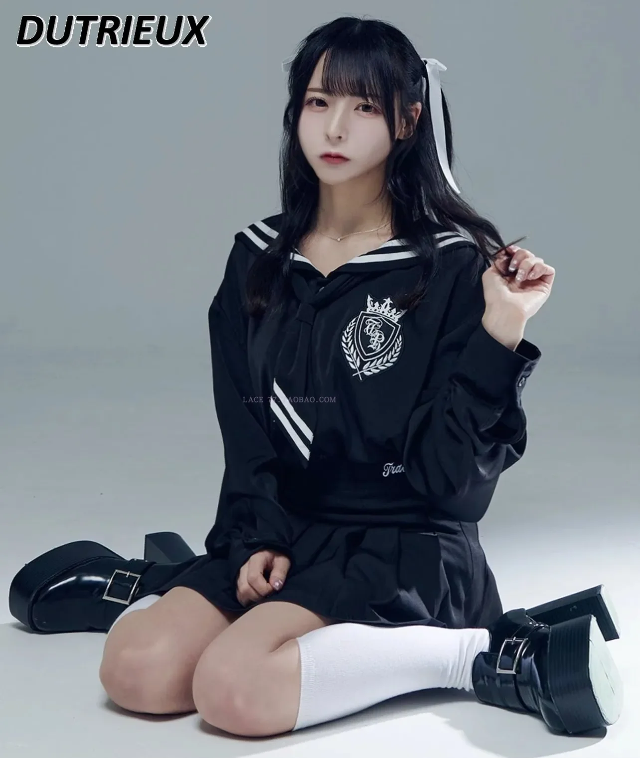 Sweet Girls Long Sleeve Tops Japanese Mine Harajuku Preppy Style Blouse Sailor Collar Tie Badge Embroidered Mid-Length Shirt