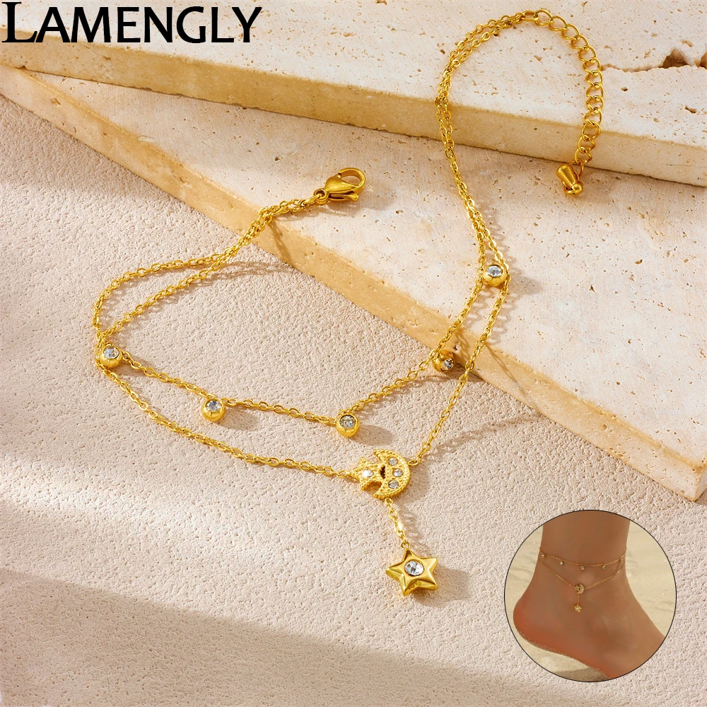 LAMENGLY 316L Stainless Steel Zircon Inlay Moon Star Combination Long Pendant Anklet Women 18k Gold Plated Waterproof Foot Chain - AliExpress 