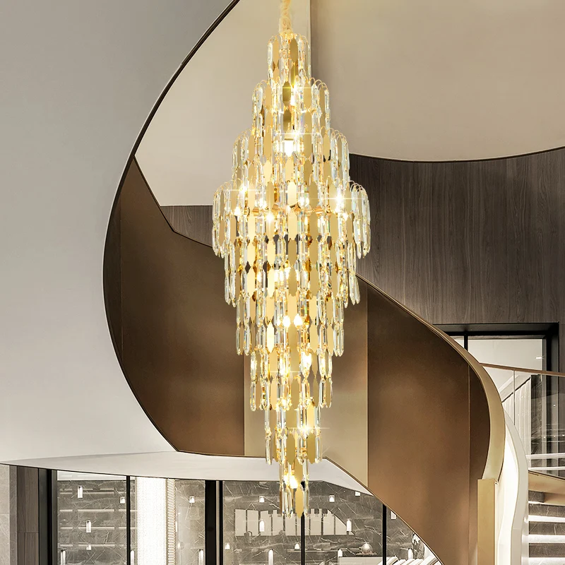 Modern Duplex Rotating Staircase Chandelier Building Stairwell Rotating Long Chandelier Atmospheric Villa Hall Crystal Light