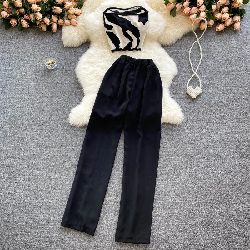 

Chic fashionable suit women's summer new sexy bra top versatile High Waist Wide Leg Pants two piece set fashion