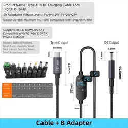 Universal Digital Display USB - C to DC Power Adapter Cable with Multiple Voltage Options and 28/34 Interchangeable Tips (Cable - 8 Adapter - 1)