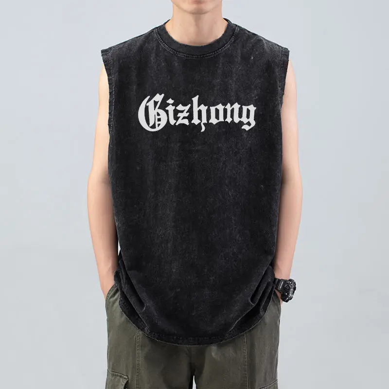 Fashion Casual Style Wash To Do Old Vest Men's Summer Loose Fitness Sports High Street Vest American Retro Sleeveless T-shirt