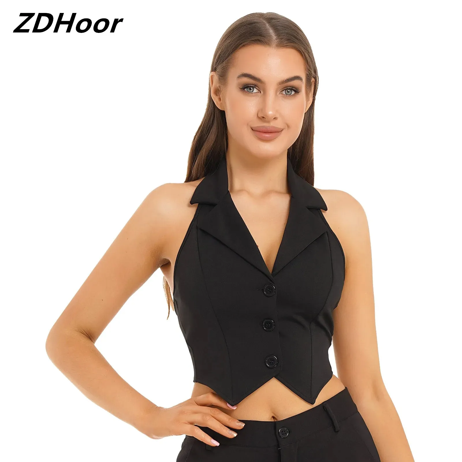 

Womens Fashion Solid Color Crop Tops Lapel Halter Backless Button Down Pointed Hem Vest for Party Casual