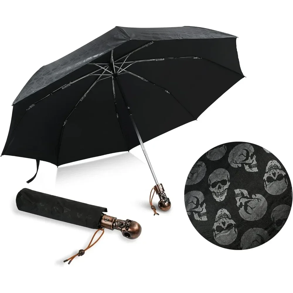 

UV Umbrella Skull Parasol Folding Umbrella Automatic Open and Close Sun Umbrella for Walking with Black Anti-UV Rubber Layer