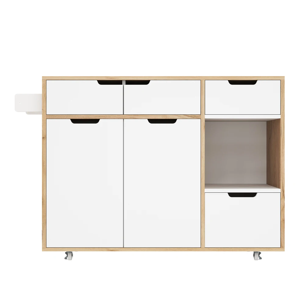 Kitchen Island with Cabinet Doors and Open Compartments Service Trolley with 360° Wheels and Drawers for Easy Mobility