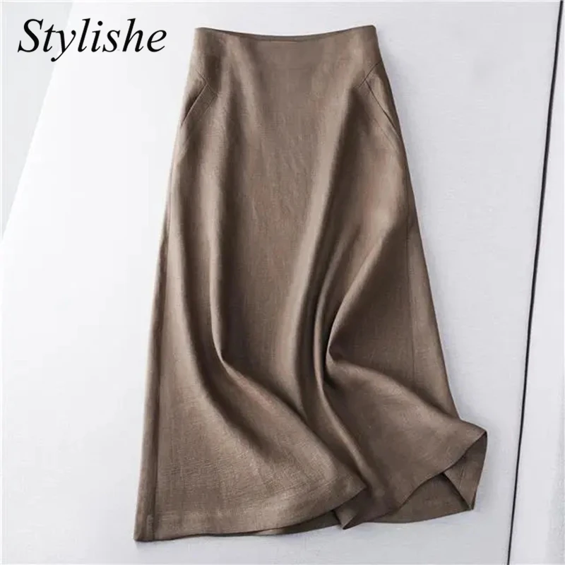 Bodycon Long Skirts High Waist Elegant A Line Women Midi Skirt Khaki Summer 2022 Casual Korean