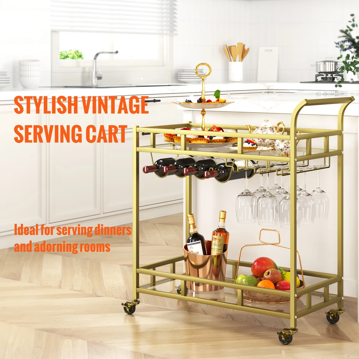 SucceBuy Bar Cart Gold Home Bar Serving Cart on Lockable Wheels with Tempered Glass Shelves for Home Kitchen Dining Living Room — view 2