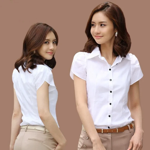 Nova lapela de manga curta das mulheres blusa profissional elegante  escritório camisas verão algodão camisa branca roupas trabalho coreano  magro topo - AliExpress