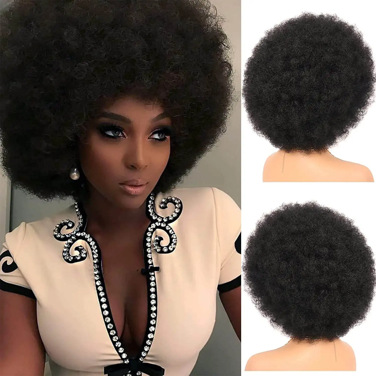 Synthetic Afro Kinky Curly Wig with Bangs 70s Afro Wigs Heat Resistant Bouncy Costume Cosplay Party Wig
