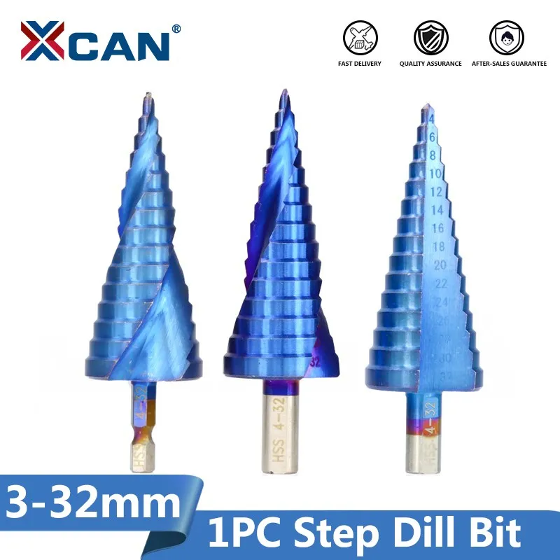 XCAN Step Drill Bit 1pc 3-12/4-12/4-20/4-32 Nano Blue Coated HSS Core Hole Cutter for Wood/Metal Cone Drill Bit Drilling Tool 4 42mm 4 32mm hss for titanium coated step drill bit drilling power tool for metal wood