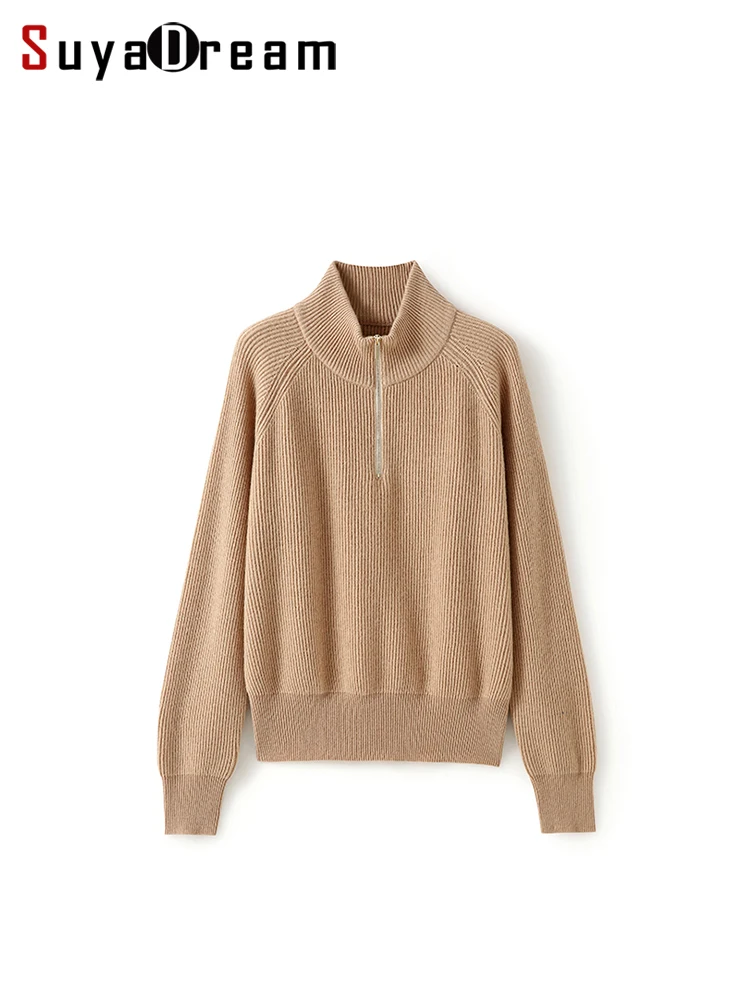 

SuyaDream, Woman Mock Neck Pullovers, 54%Sheep Wool, Heavy Chic Sweaters, 2023 Fall Winter Warm Top, Pink, Khaki