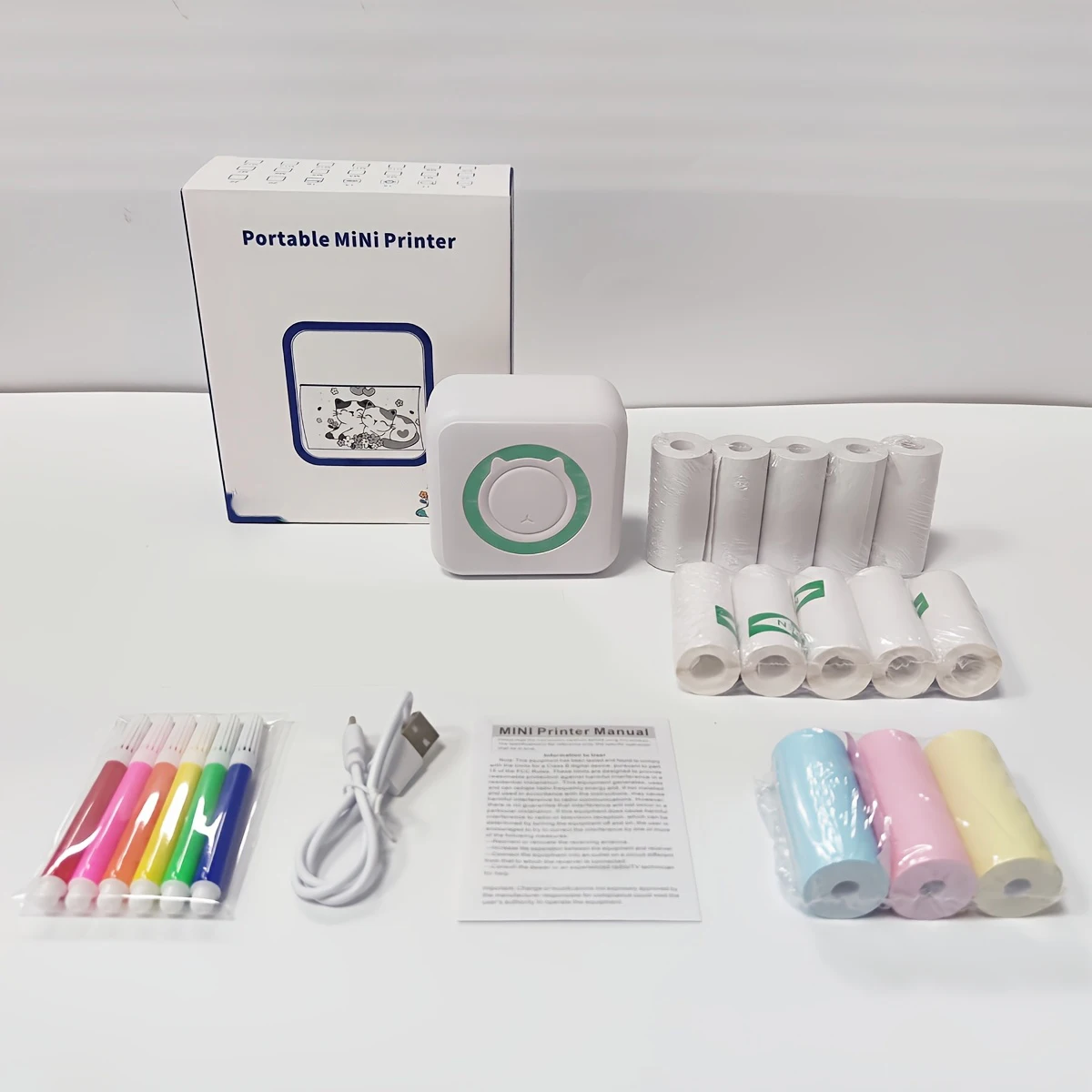 Pocket Mini Printer with 5 Rolls of White Paper + 5 Rolls of White Adhesive Paper + 3 Rolls of Colorful Paper, Portable Thermal - 3