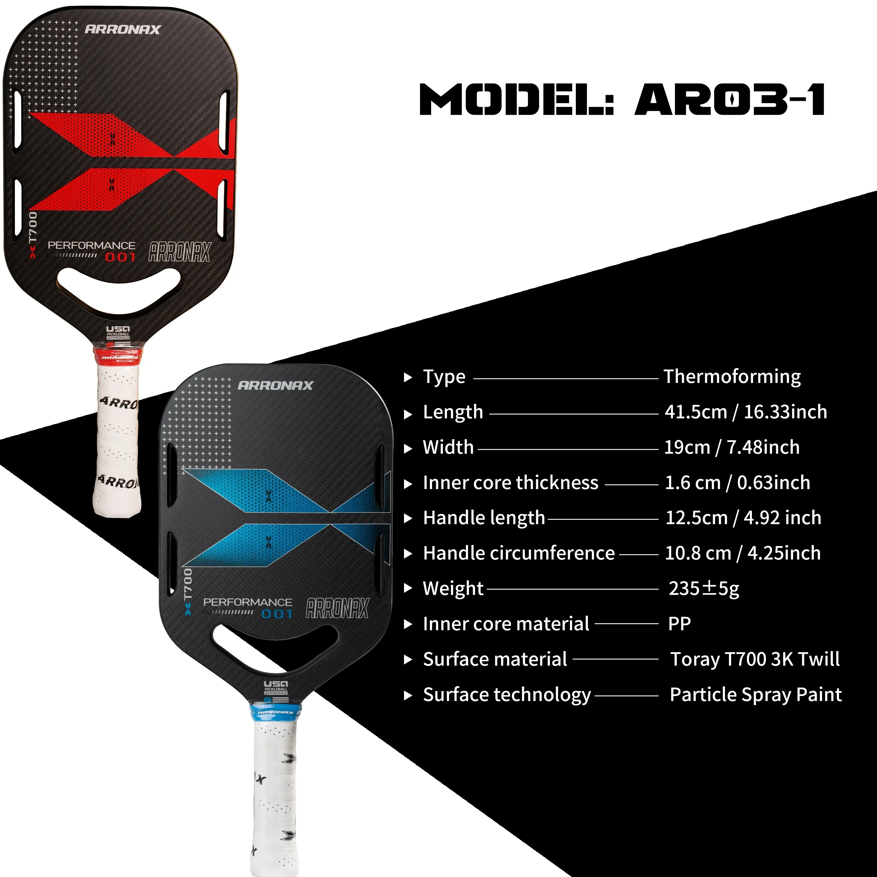 ARRONAX-Thermoformed Pickleball Paddle with High Grit and Spin Edgeless Design, Universal Air Dynamic Throat, Pickleball Rackets