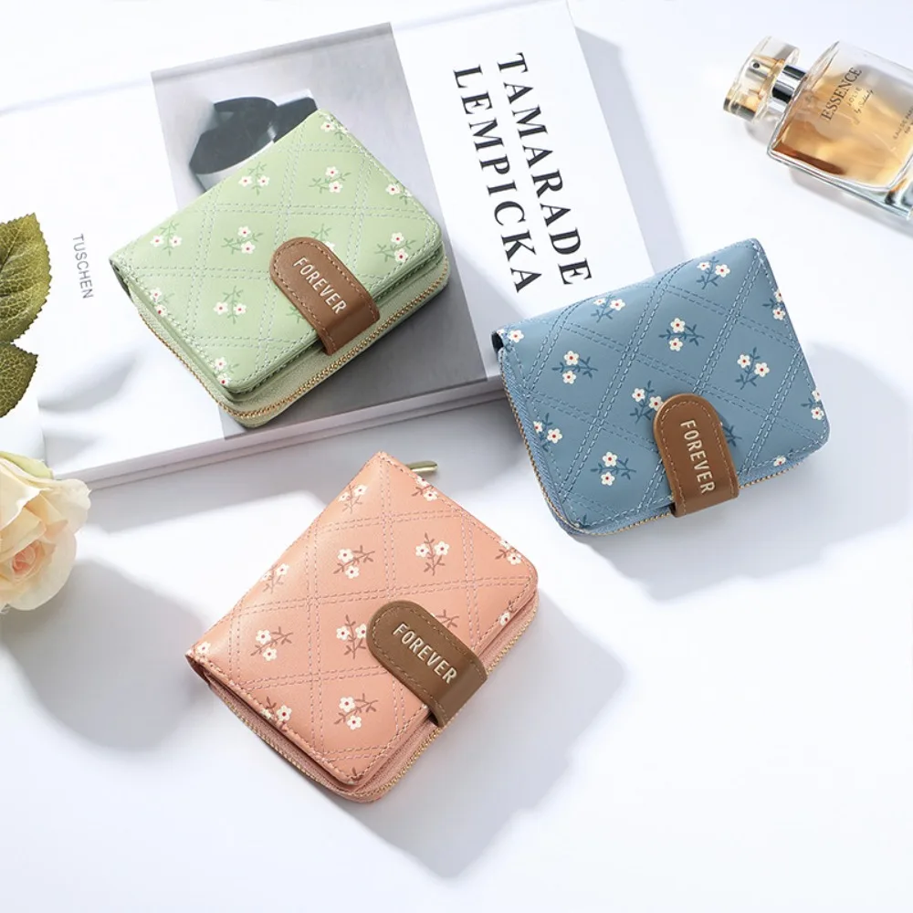 

Flower Pattern Money Bag New Small Size PU Mini Wallet Two Fold Card Holder for Women Student