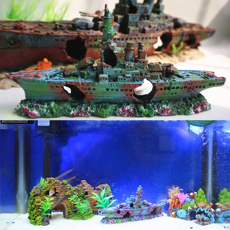 Resin Damaged Navy War Boat Ship Wreck Fish Tank Ornament Cave Aquarium Decoration Landscape Fish Tank Ornaments Fish Tank Decorations Aquarium Ornaments