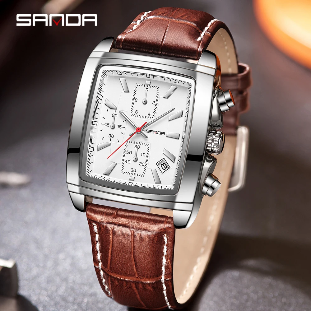 SANDA Men's Business Analog Chronograph Luminous Rectangle Quartz Watch with Stylish Leather Strap for Sport & Work Wristwatch