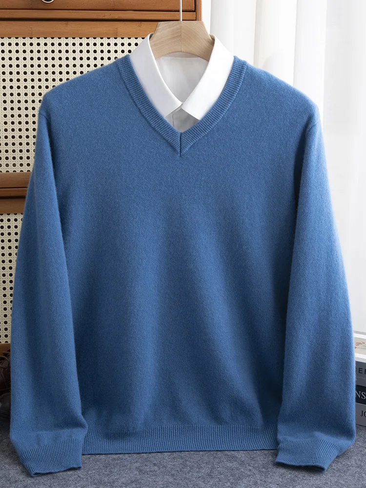 2024 Autumn Winter Men V-neck Wool Sweater Long Sleeve Pullover 100% Merino Wool Knitwear Smart Casual Basic Cashmere Clothing 6