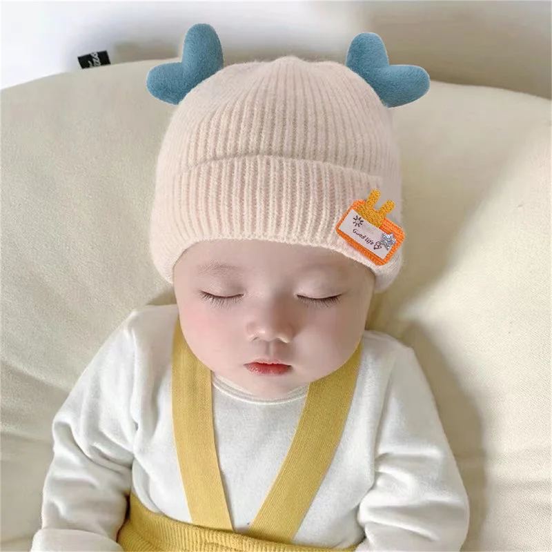 

Cute Winter Baby Hat Cartoon Deer Ear Protection Knitted Hat Cotton Warm Beanie Cap Boys Girls Double Pompom Hats Crochet Hats