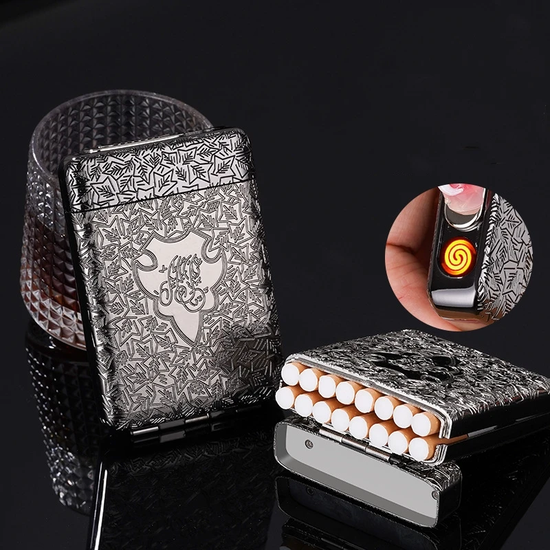 

New USB Cigarette Box Lighter Vintage Windproof Multifunctional Three Open Cigarette Box 16 Capacity Portable Lighter Men's Gift