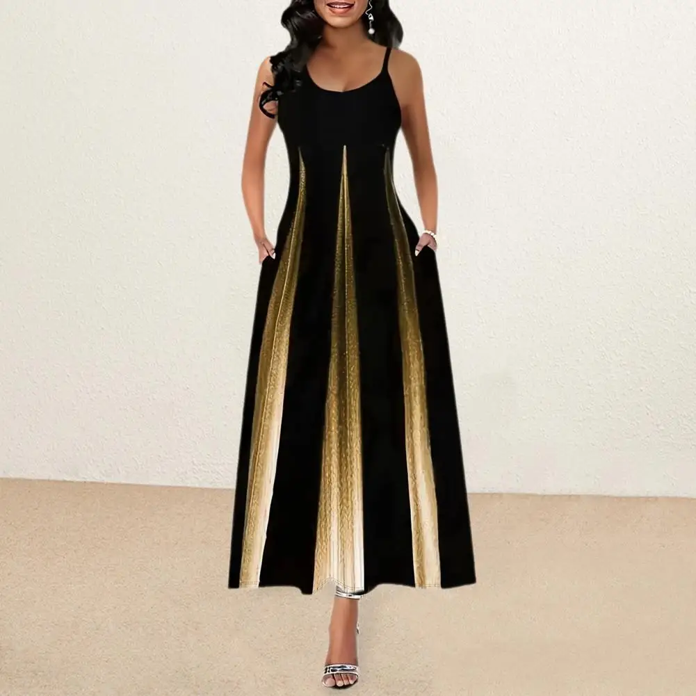 

Print Long Dress Elegant Print Maxi Dress with Pockets Women's Sleeveless A-line Summer Dress Round Neck Ankle Length Strappy