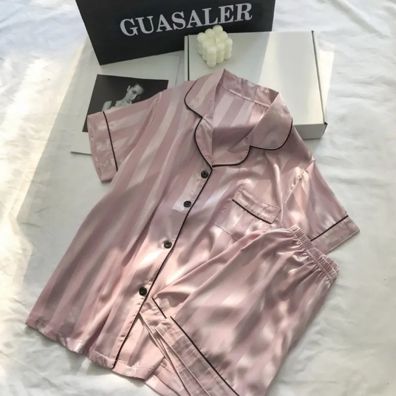 Pyjama Fille 2 Pièces En Satin Rayé - Short Et Haut Boutonné, Vêtement De Nuit D'été Léger Et Tendance - 9