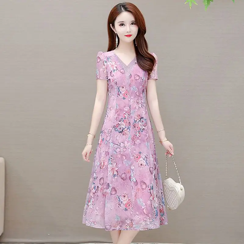 Elegant Printed V-Neck Diamonds Folds Puff Sleeve Floral Dress Women's Clothing 2024 Summer New Loose Office Lady Midi Dress