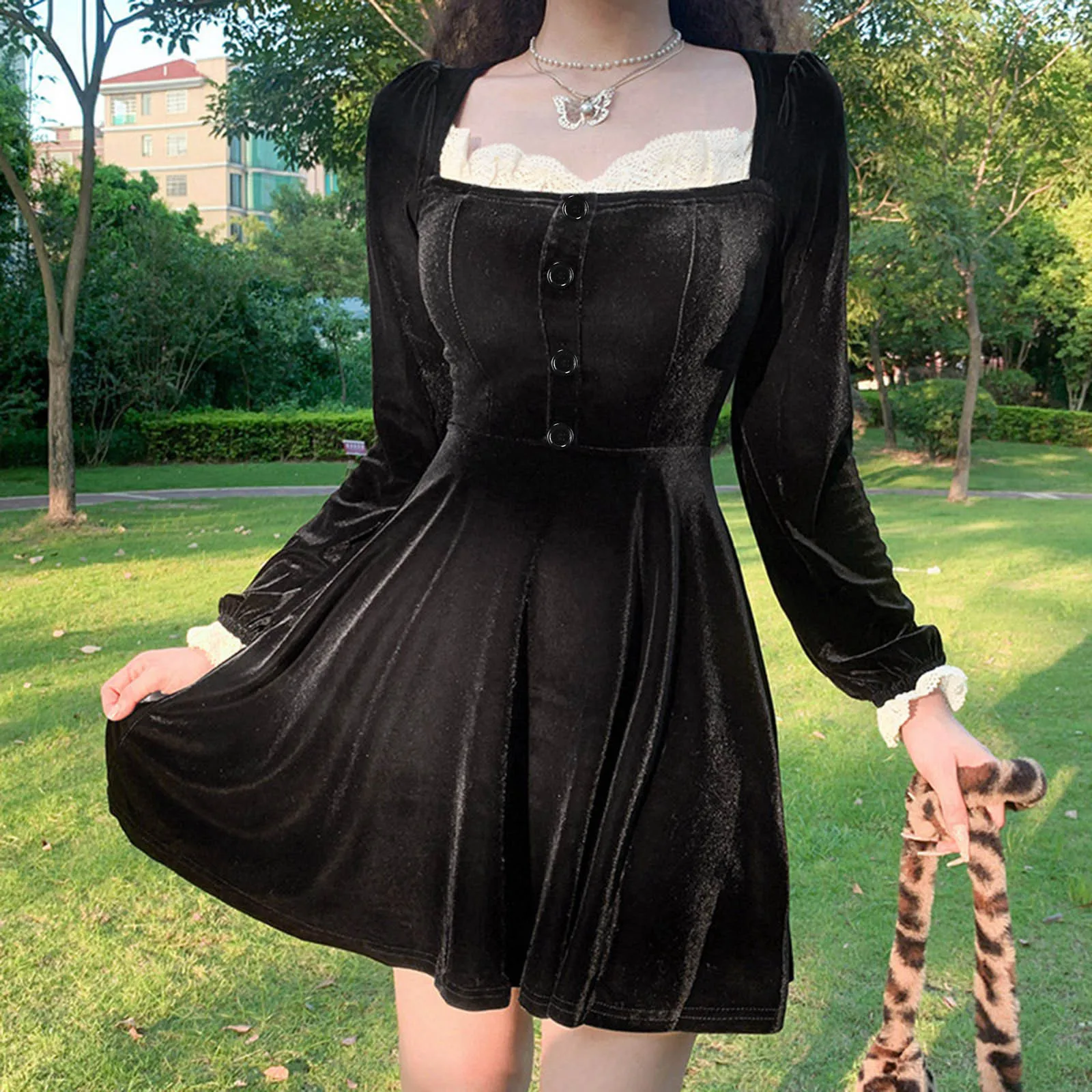 

Women Slim Velvet A-Line Mini Dress Lace Square Neck Vintage Black Long Sleeve Button Elegant Party High Waist Cute Swing Dresse