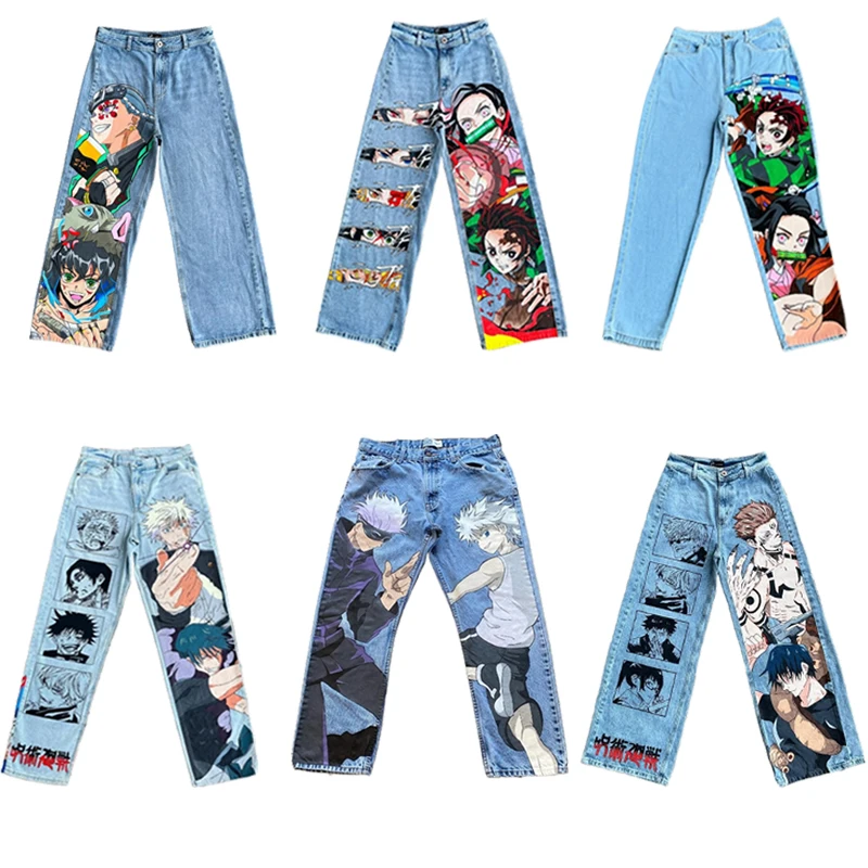 Y2K baggy jeans Anime Harajuku print pattern Vintage Streetwear fashion Hip Hop men women high waisted Casual wide leg jeans 1