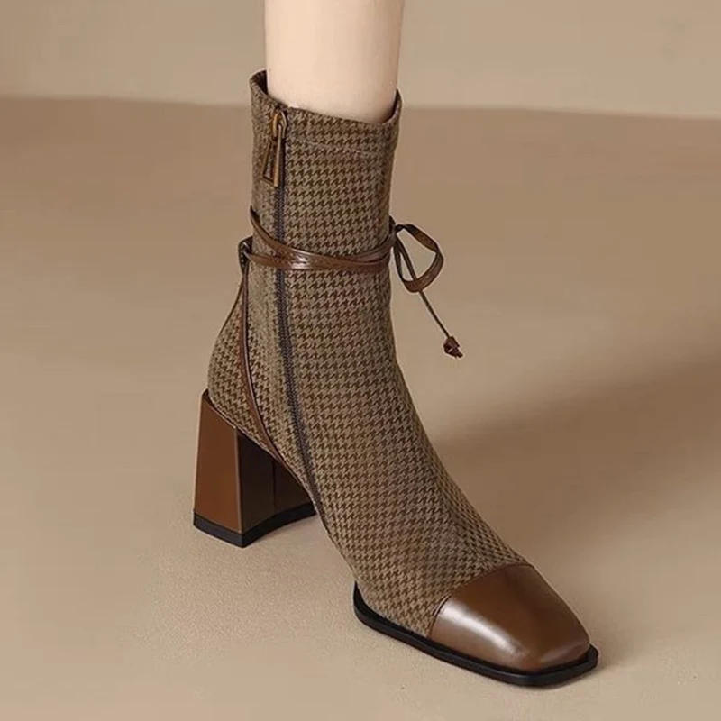 

Winter New Women High Heels Shoes Chunky Square Toe Bow Chelsea Ankle Boots Brand Trend Retro Zipper Boots Pumps Sock Boots