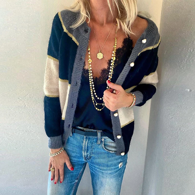 

Fall Winter Crew Neck Knitted Sweater Coat Women Retro Geometry Print Patchwork Tops Cardigan Casual Single Breasted Lady Jumper