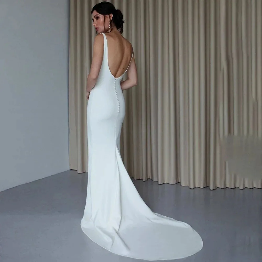 Simple Mermaid Wedding Dress 2024 Scoop Neck Backless Bride Dress Long Bride Gown With Button Women Customize Made 3