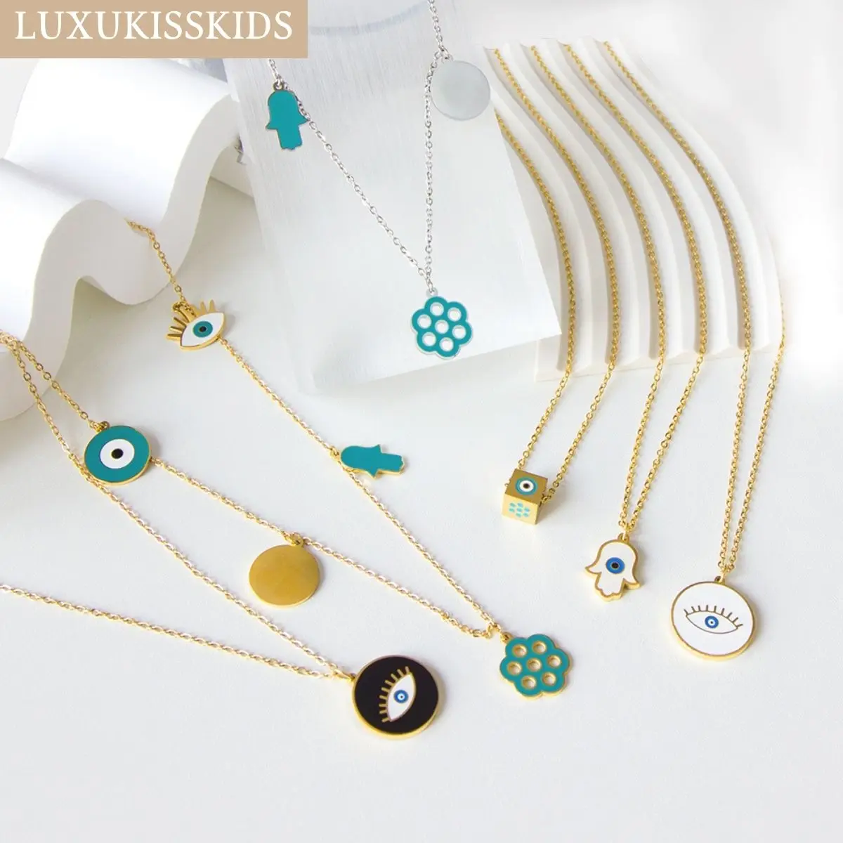 LUXUKISSKIDS-main de fatma collier acier inoxydables femme,Collier Hip Hop Yeux Turcs pour Femme, Acier Inoxydable, Breloques Porte-Bonheur Bleu, Tour de Cou, Main de Fatima du Hamas, Bijoux Esthétiques