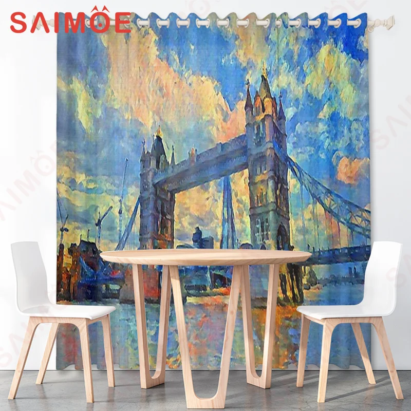 

French Classic Colorful Lake City Curtain Sunset Sea Blue Sky White Cloud Thin Polyester Fabric Office Home Decoration with Hook