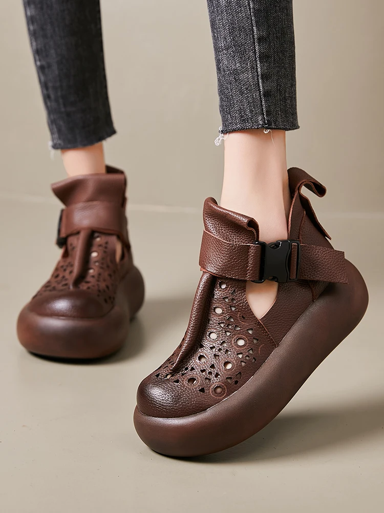 

Birkuir Genuine Leather Hollow Out Thick Heel Boots For Women Flats Ankle Boots Buckle Luxury Summer Shoes Casual Short Boots