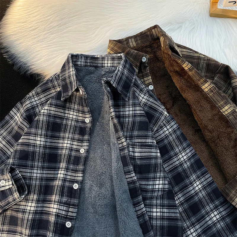 Autumn Winter Plaid Long Sve Fce Lined Casual Thiened Retro Trendy Hong Kong Sle Loose irt for Men Youth Faion