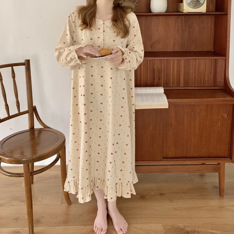 

Brushed nightgown long-sleeved pure cotton pajamas women autumn winter 2023 new cotton home wear women's outer skirt freshing